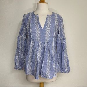 GAP Women Chambray Blue Embroidered Babydoll Peasant Sleeve Top Size Small Boho